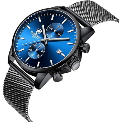CHEETAH Herrenuhr 42mm Schwarz und Blaue mit Mesh Armband Business Uhr Casualuhr