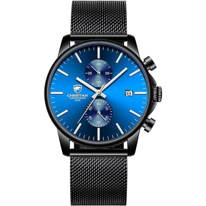 CHEETAH Herrenuhr 42mm Schwarz und Blaue mit Mesh Armband Business Uhr Casualuhr