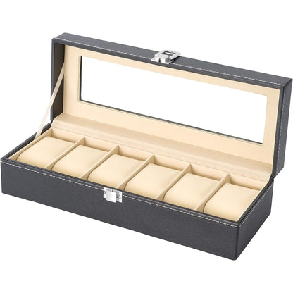 6 Uhren Speicherbox PU-Leder Glasdeckel Samt Schwarz Herren Damen 30cm