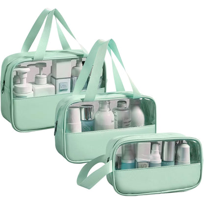 Wasserdicht PVC Kosmetiktasche Transparent Set 3 Größen Make-up Beutel Grün