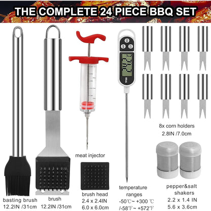 Hochwertiges Grillbesteck Set mit Fleischthermometer 25 tlg