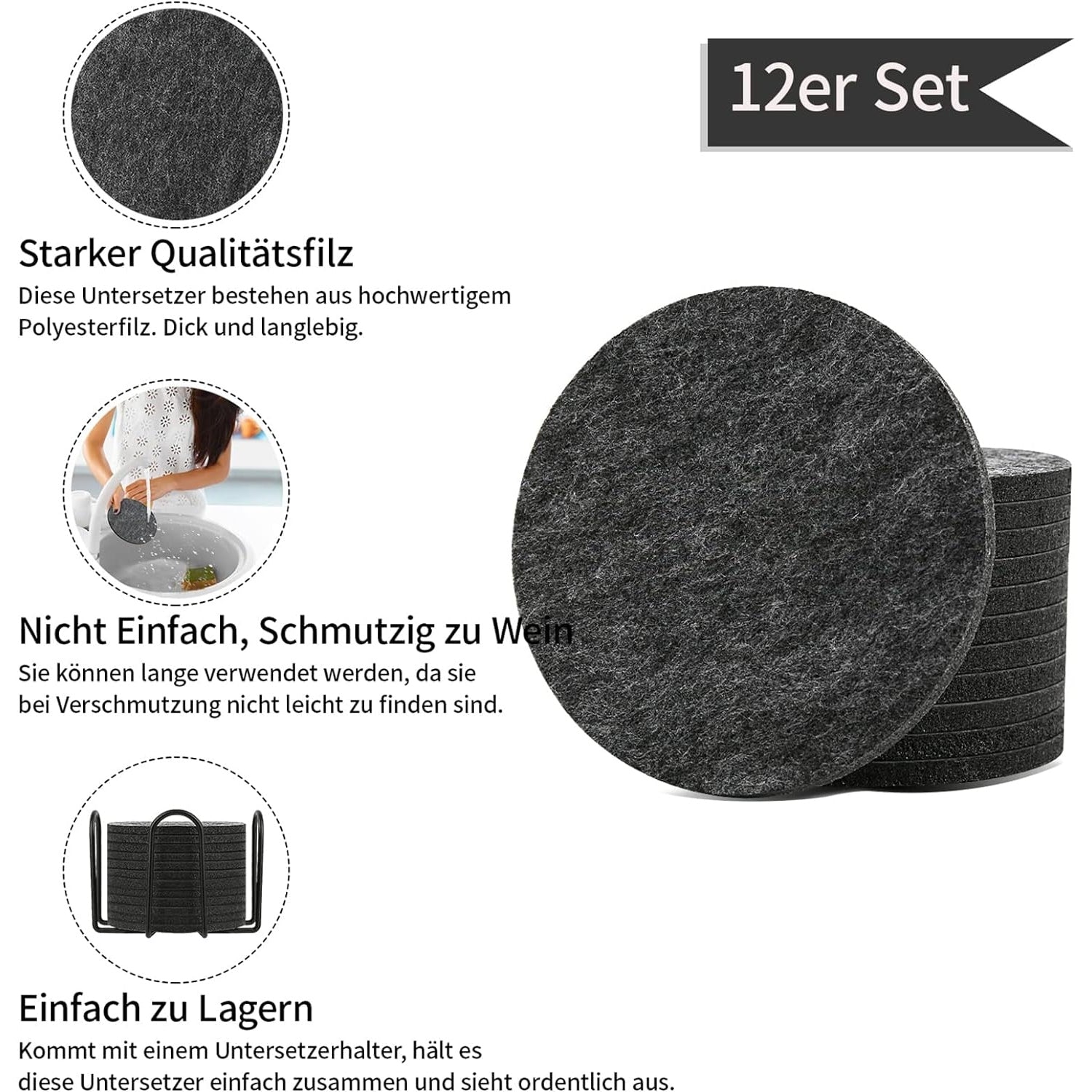 Untersetzer Gläser Filzuntersetzer Rund 12er Set mit Halter