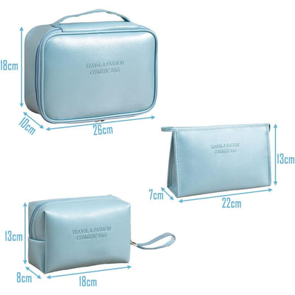 Blau Kosmetiktasche 3er Set PU Wasserdicht Leicht Reise Cosmetic Bag