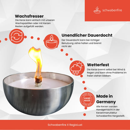 Schwabenfire Edelstahl Outdoorkerze – Große Gartenkerze mit Unendlichem Docht, Geschenk für Frauen, Ø 28,5 cm grosse outdoorkerzen