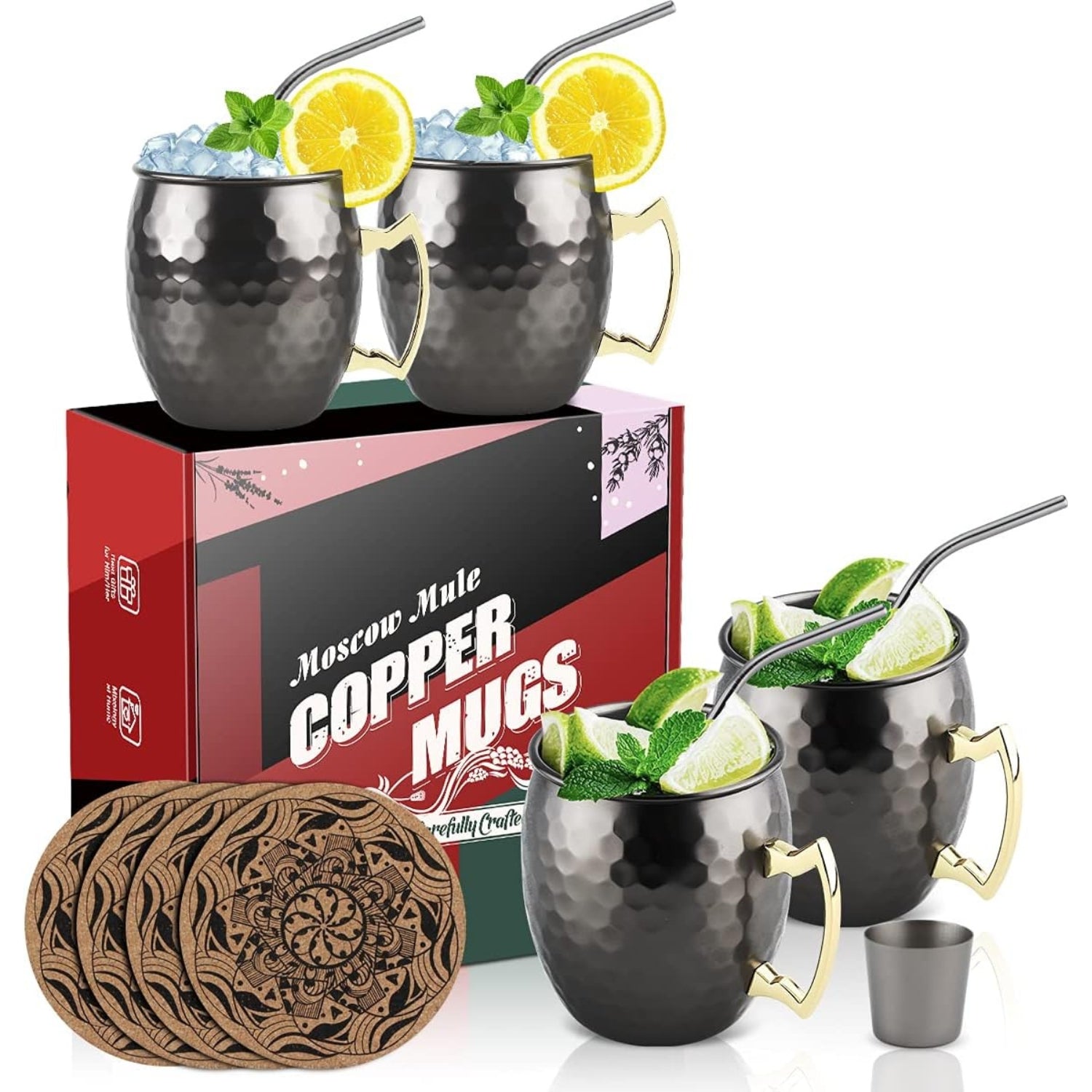 Moscow Mule Becher Kupferbecher Schwarz Geburtstagsgeschenke Set 4 Gläser + Extras