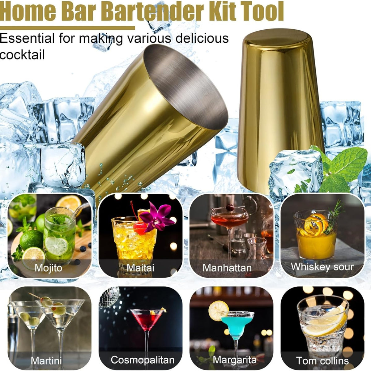 Cocktail Shaker Set Gold 550ML/750ML 12-Teilig Edelstahl Barkeeper Kit