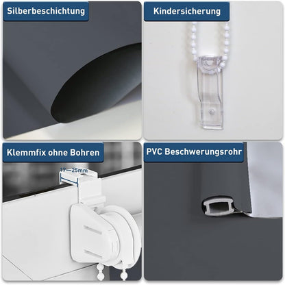 Verdunklungsrollo ohne Bohren Klemmfix 50x150cm Thermorollo