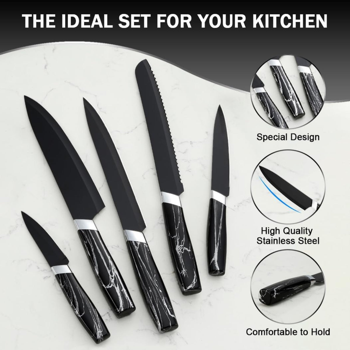Günstiges Messerset Schwarz Edelstahl 5PCS Kochmesserset