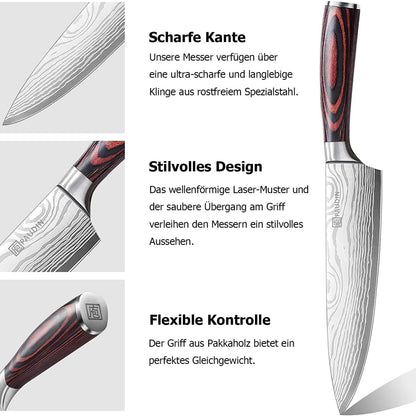 XL Premium Messerset 7-teilig Küchenmesserset aus hochwertigem Profi Kochmesser mit scharfer Klinge Küchenmesser mit Holzgriff Messer Set Geschenkbox
