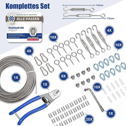 Wohnwagen Zubehör Wohnmobil 74 pcs Stahlseil Kit 35 m Verdickt 3 mm Edelstahl Drahtseil Spanndraht Seilspanner Spannschloss Edelstahl Kit Rankhilfen