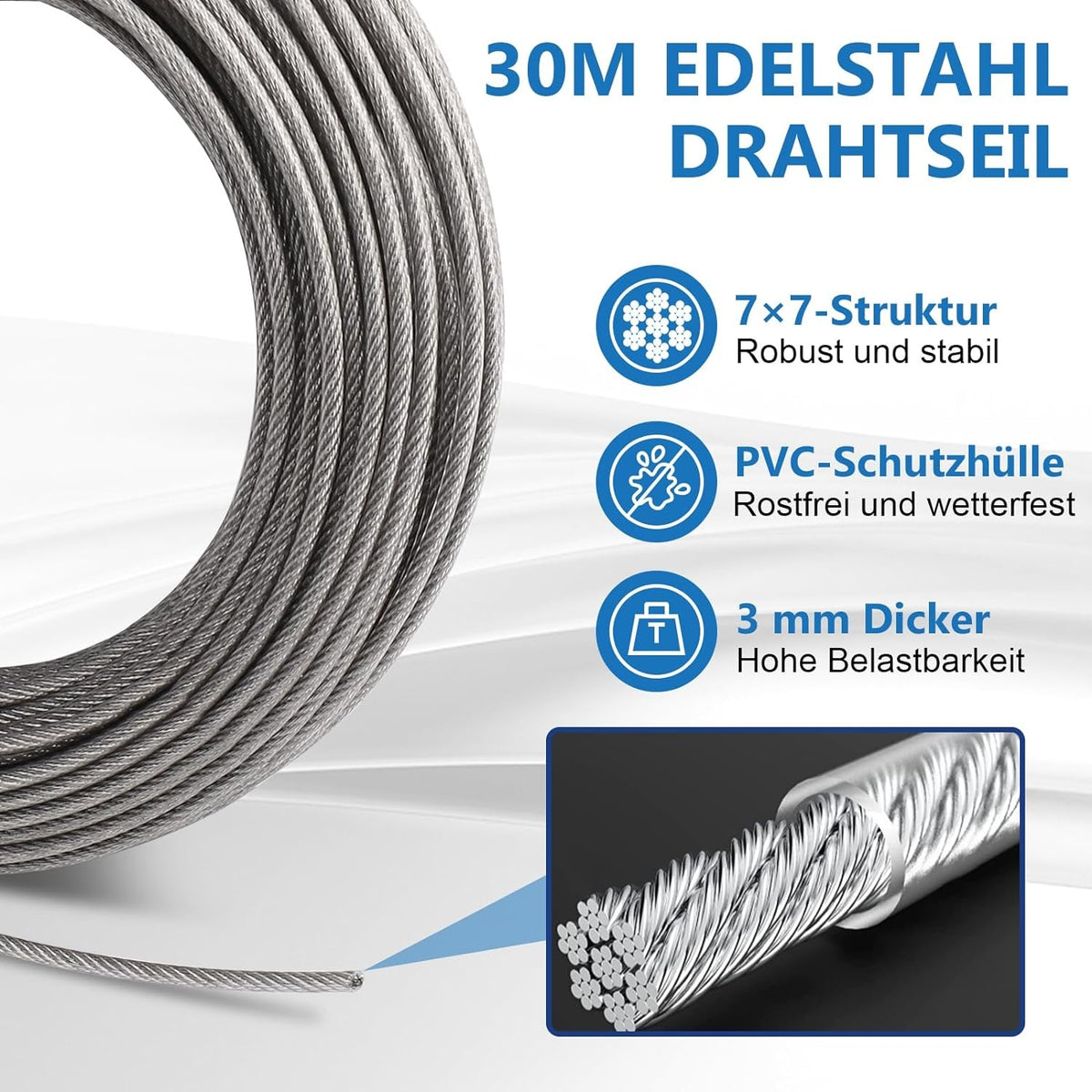 Wohnmobil Zubehör Kabelschloss 30 m Stahlseil Set 3 mm Edelstahl Drahtseil M5 Seilspanner Wandhaken Stahlseil mit ösen Rankhilfen für Kletterpflanzen