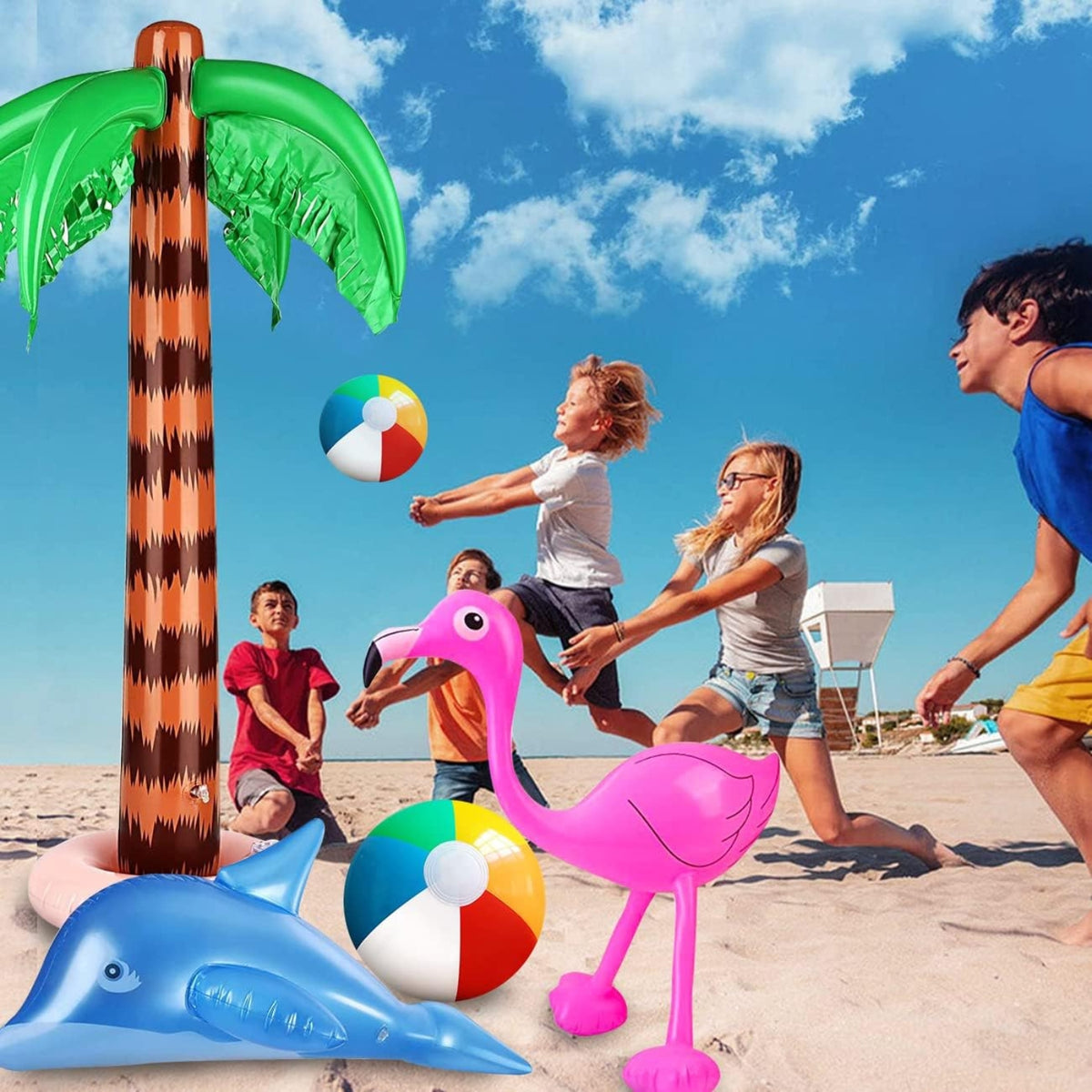 Poolspielzeug Strandspielzeug aufblasbare Palmen Set Kokosnussbaum Groß Flamingo Wasserball Delphin Bananen Strandbälle für Beach Deko Mottoparty