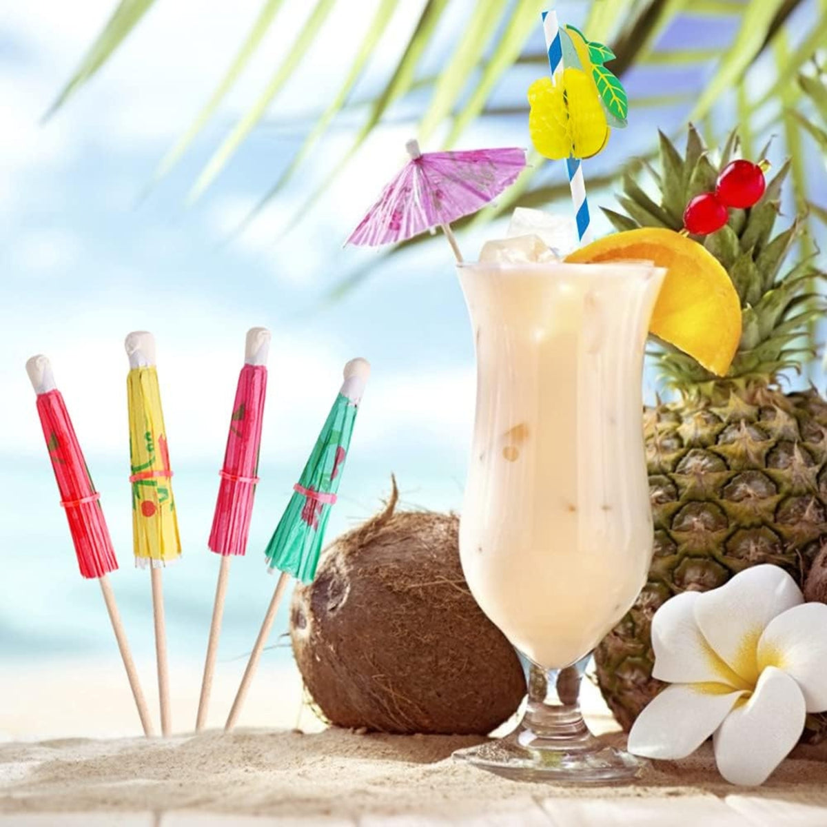 Cocktail Deko Party Deko 105 Stück Cocktail Party Dekorationen Buntes Cocktail Zubehör Papierschirmstäbchen für Getränke Hochzeit Sommer
