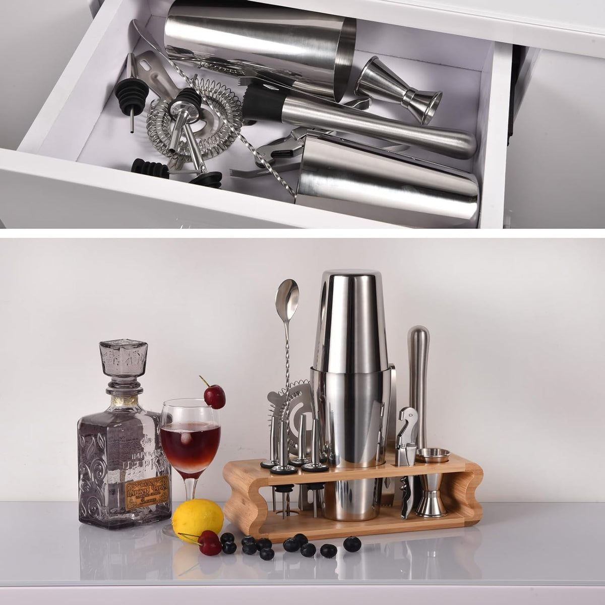 Cocktail Shaker Set 550ML/750ML 12tlg Barkeeper Kit Silber mit Rezeptheft