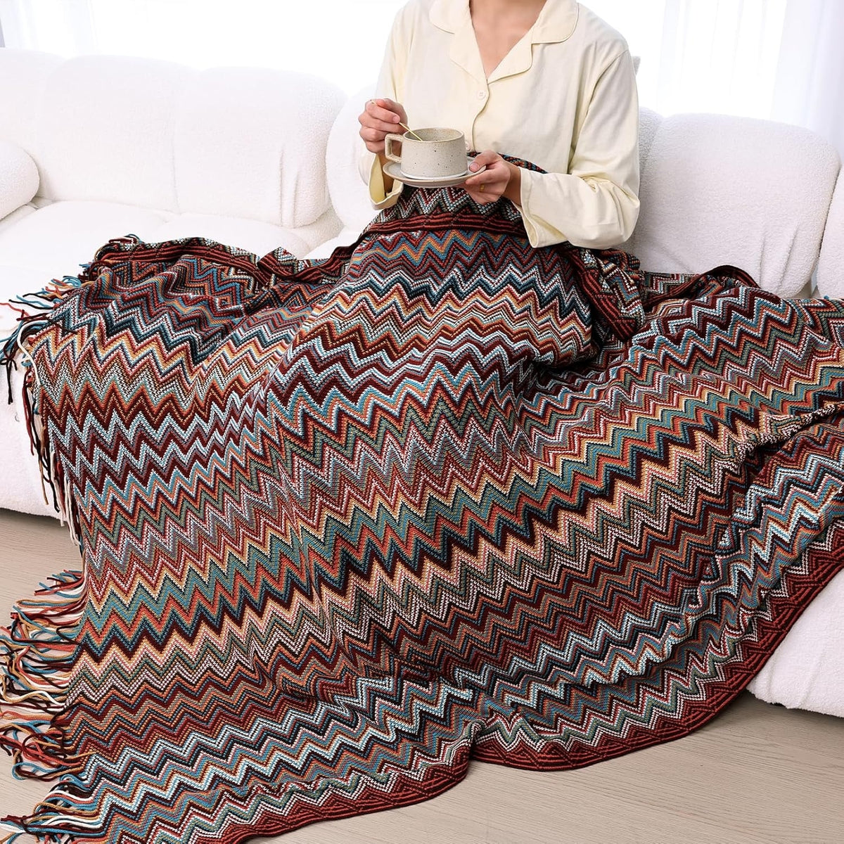 Bohemian Kuscheldecke 260GSM 130x160cm Wärmedecke Mit Fransen flauschige Decke Dekorative Winter Decke Für Heimdekoration Sofadecke Fleecedecke