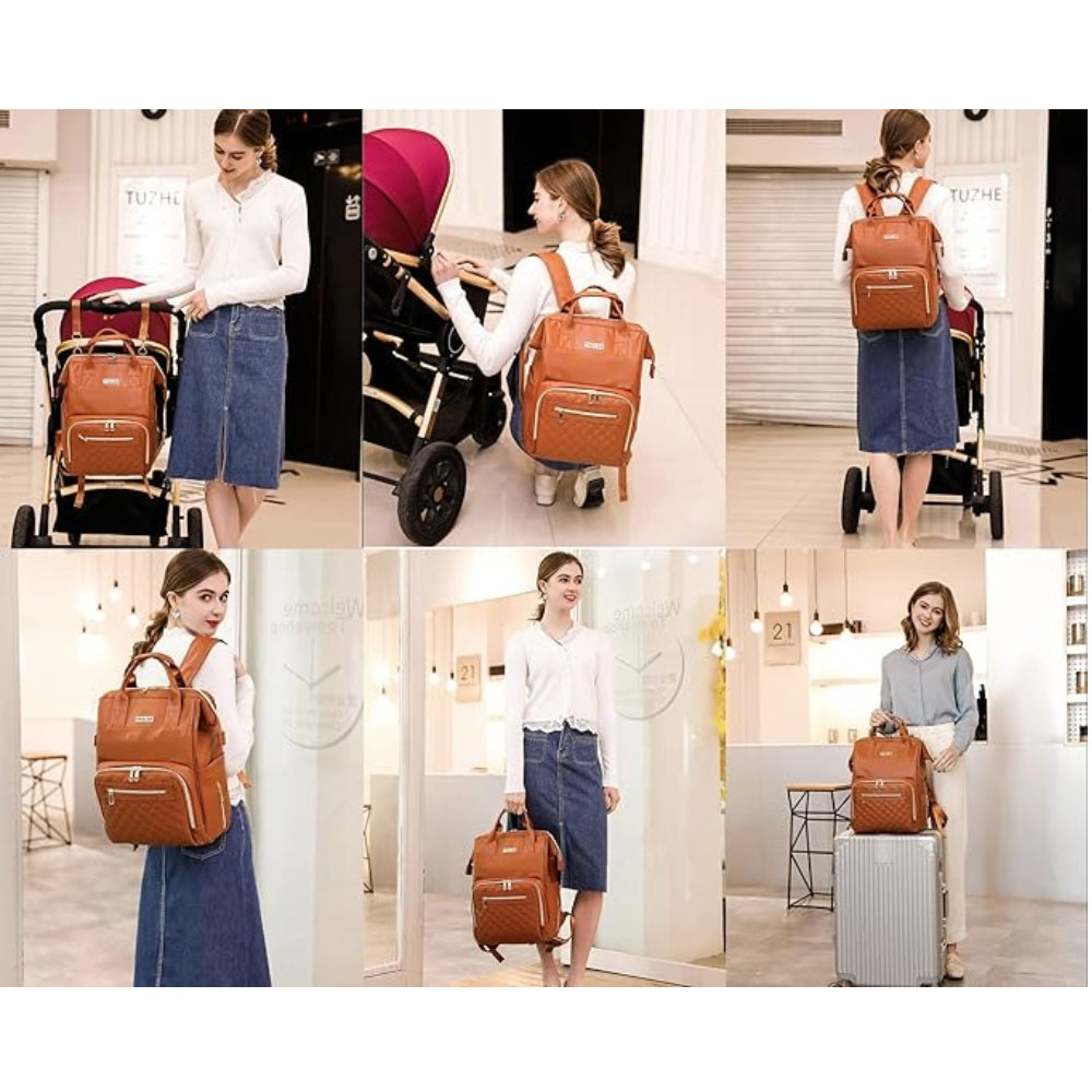 Wickelrucksack Leder Braun Multifunktion Reise Wickeltasche Wasserdicht PU