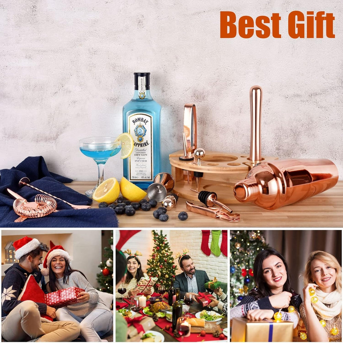 Cocktail Shaker Set 750ML 12tlg Edelstahl RoséGold + Bambusständer Zubehör Kit