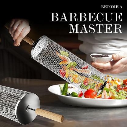 3 Stück Rollender Grillkorb für Gemüse mit Holzgriff Grill Zubehör Edelstahl