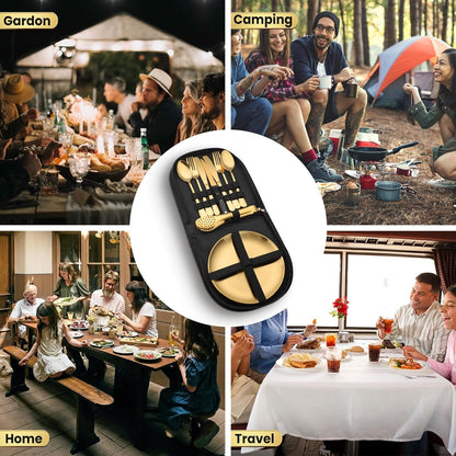 Gold Besteck Set 10 Stücke Camping Geschirrset für 2 Personen mit Etui