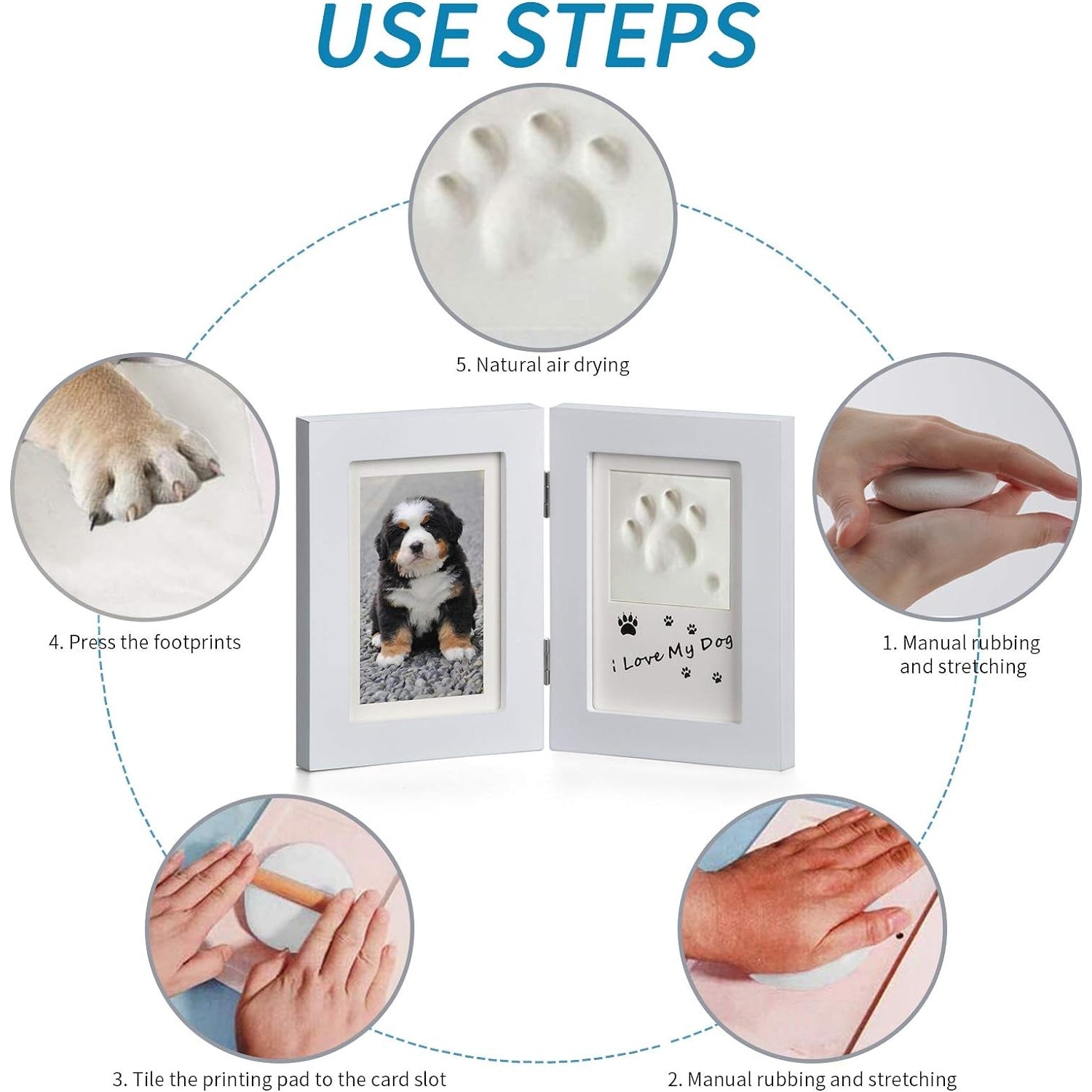 Hund Katze 3D Pfotenabdruck Kit Holzrahmen Weiß Wand oder Tisch