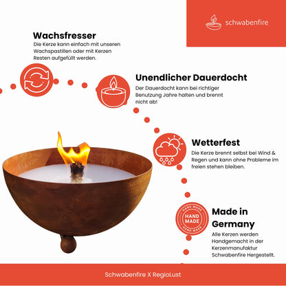 Schwabenfire Outdoorkerze mit Dauerdocht in Edelrost Metallschale kerzendeko Geburtstagsgeschenk für Frauen wiederverwendbar