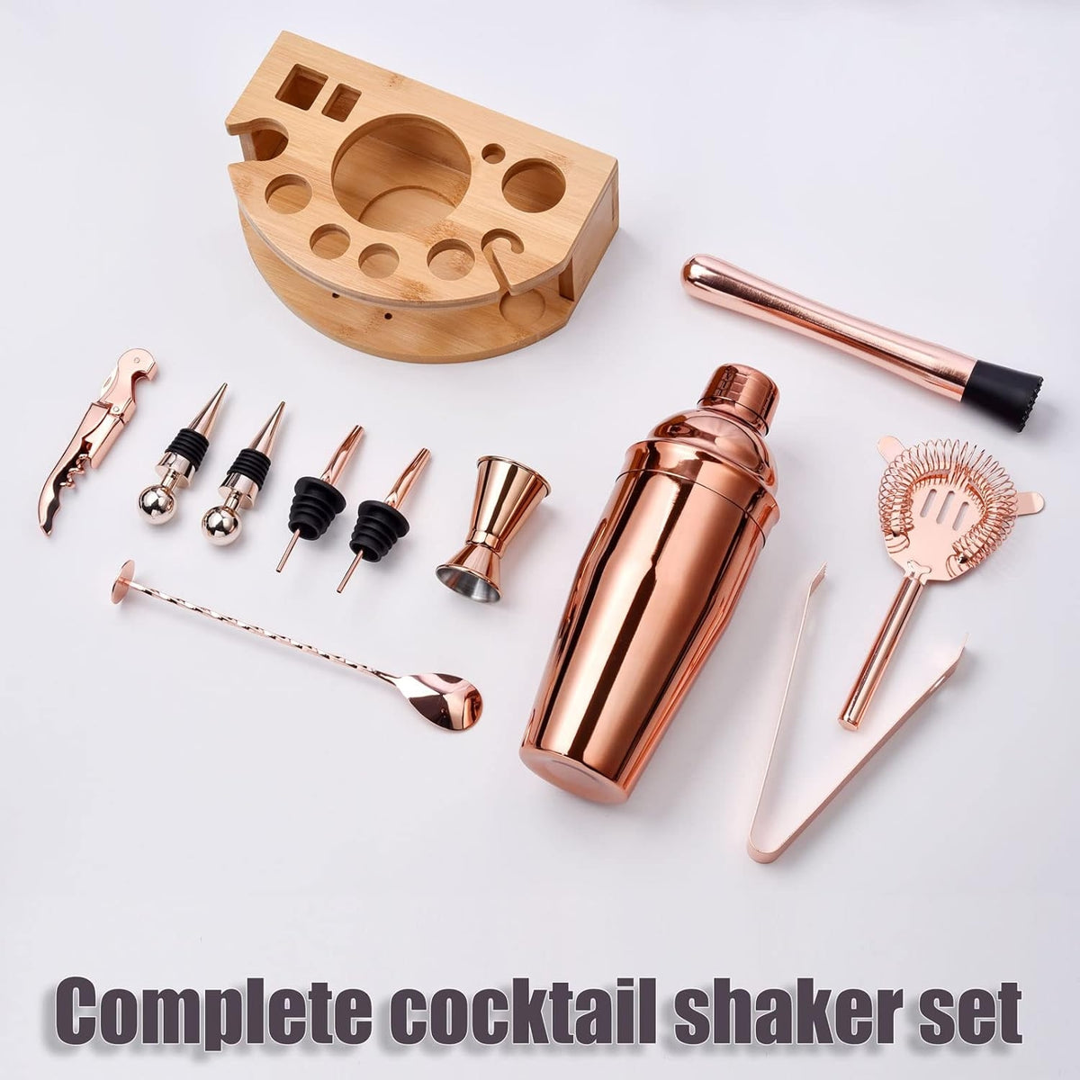 Barkeeper Set 750ML 12tlg RoséGold Premium Edelstahl Cocktailshaker mit Bambus Ständer und Rezeptbuch Ideal als Geschenk für stilvolle Home Bars