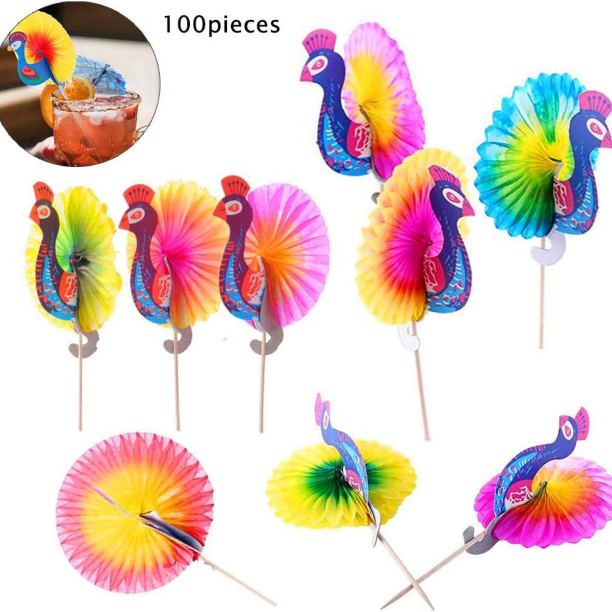 Cocktail Party Zubehör 100 Stück Deko Sticks Papier Pfau Farbmischung