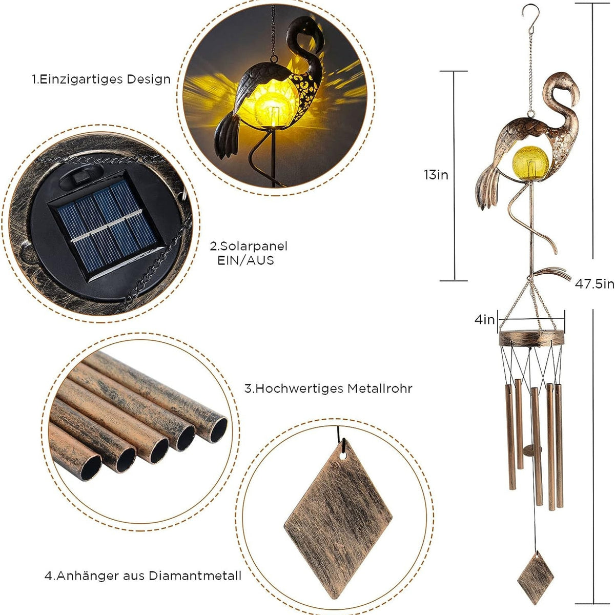 Flamingo Solarleuchten Windspiele für Draußen Metall Hängend LED Licht Wasserdicht Outdoor Wind Chimes für Garten Patio Rasen Yard Dekoratio