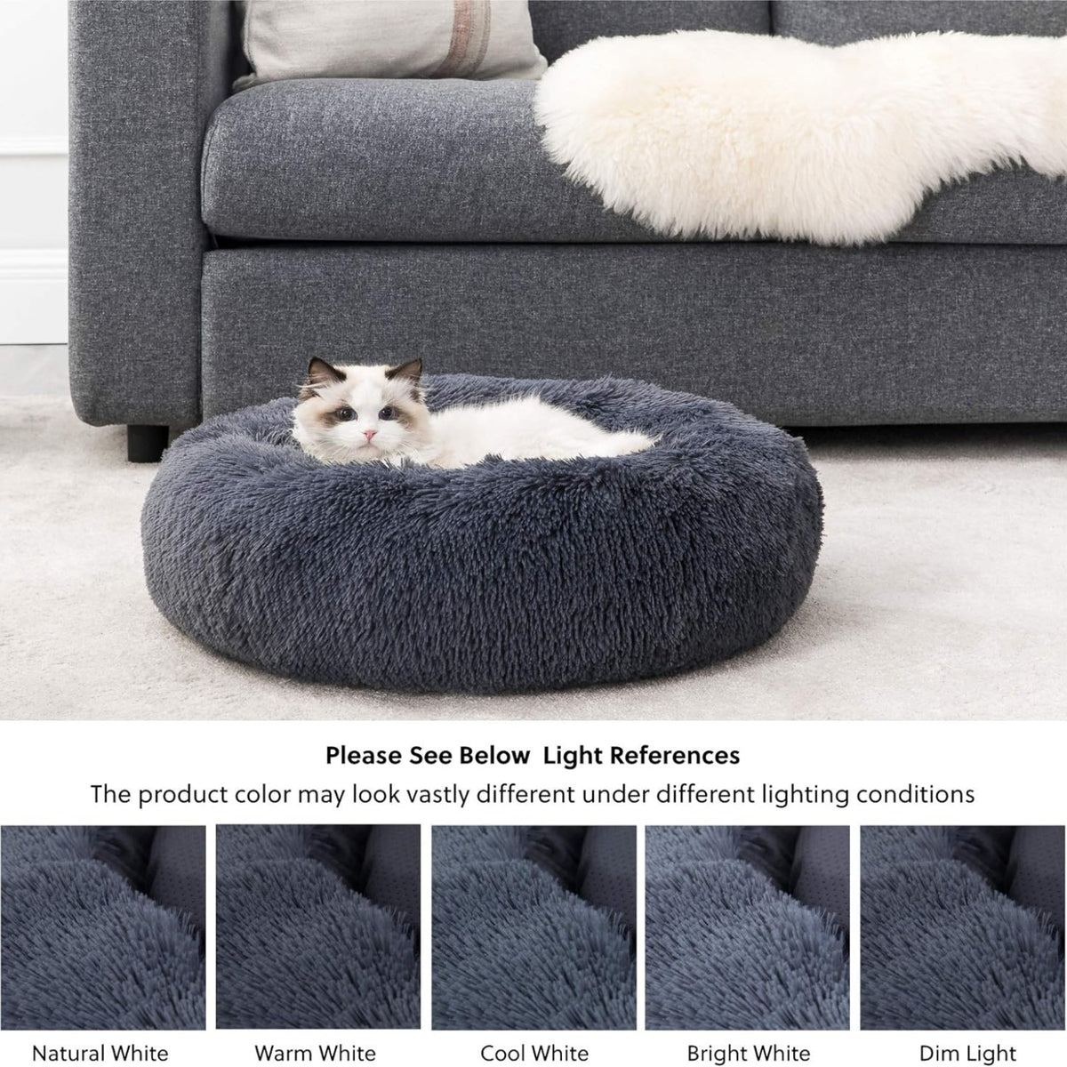 Hundebett kleine Hunde Katzenbett Ø 50 cm waschbar Donut Kissen dunkelgrau