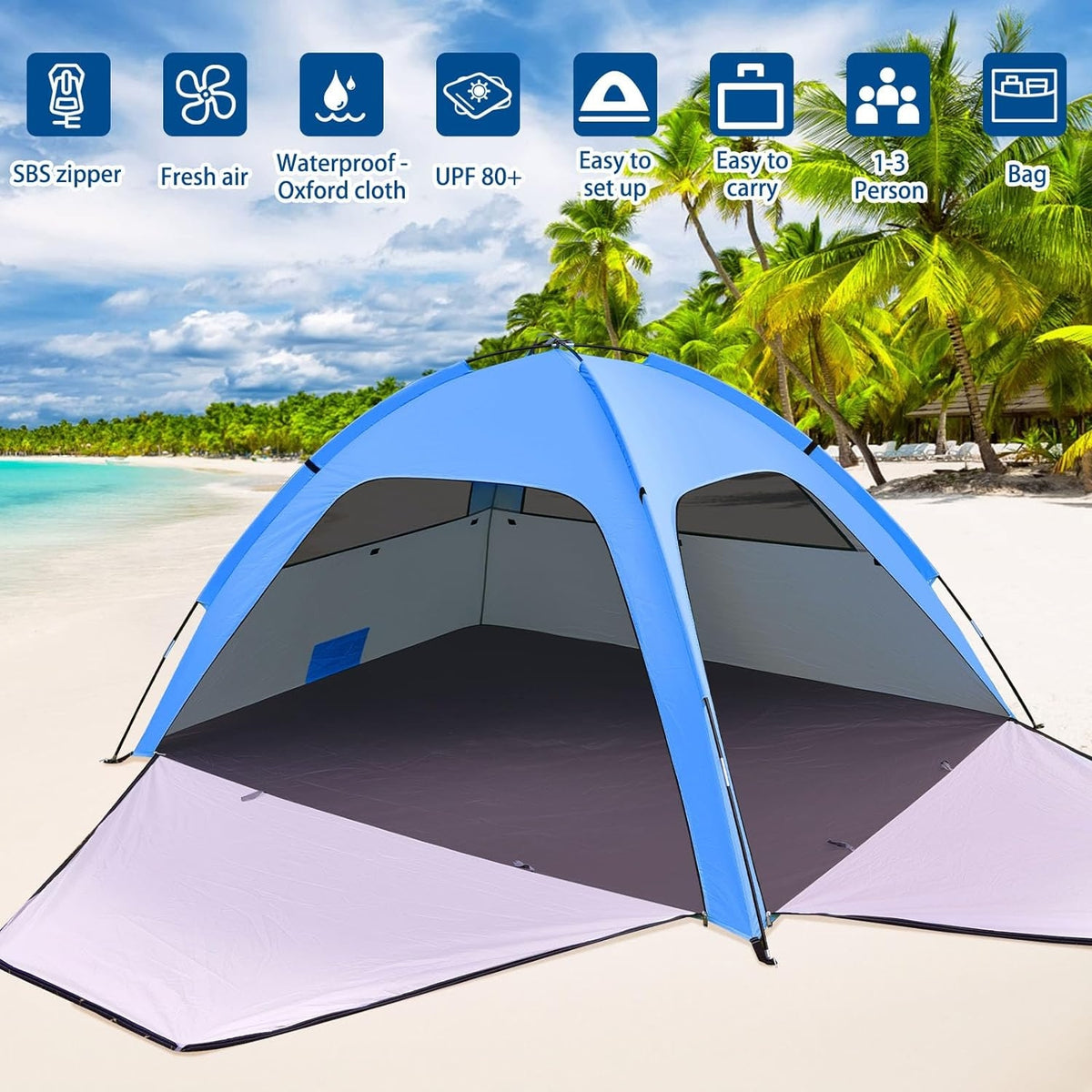 Strandmuschel Pop Up Strandzelt 1-3 Personen UV Schutz 80+ mit Türen und Fenster