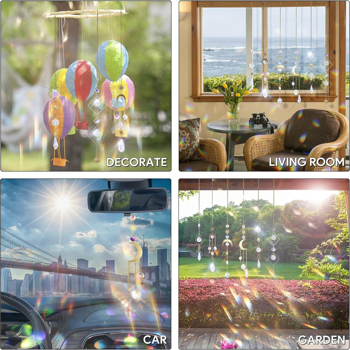 6 Stück Sonnenfänger Kristall Fenster Hanging Windspiel mit Sonne Mond Sternen Design Regenbogen Prismen für Haus Garten Party Hochzeit 40cm