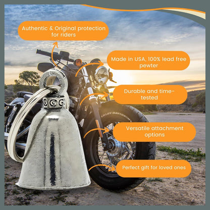 Englischer Guardian Schlüsselanhänger für Motorradfahrer, Glücksbringer mit Spruch, Zinnglocke