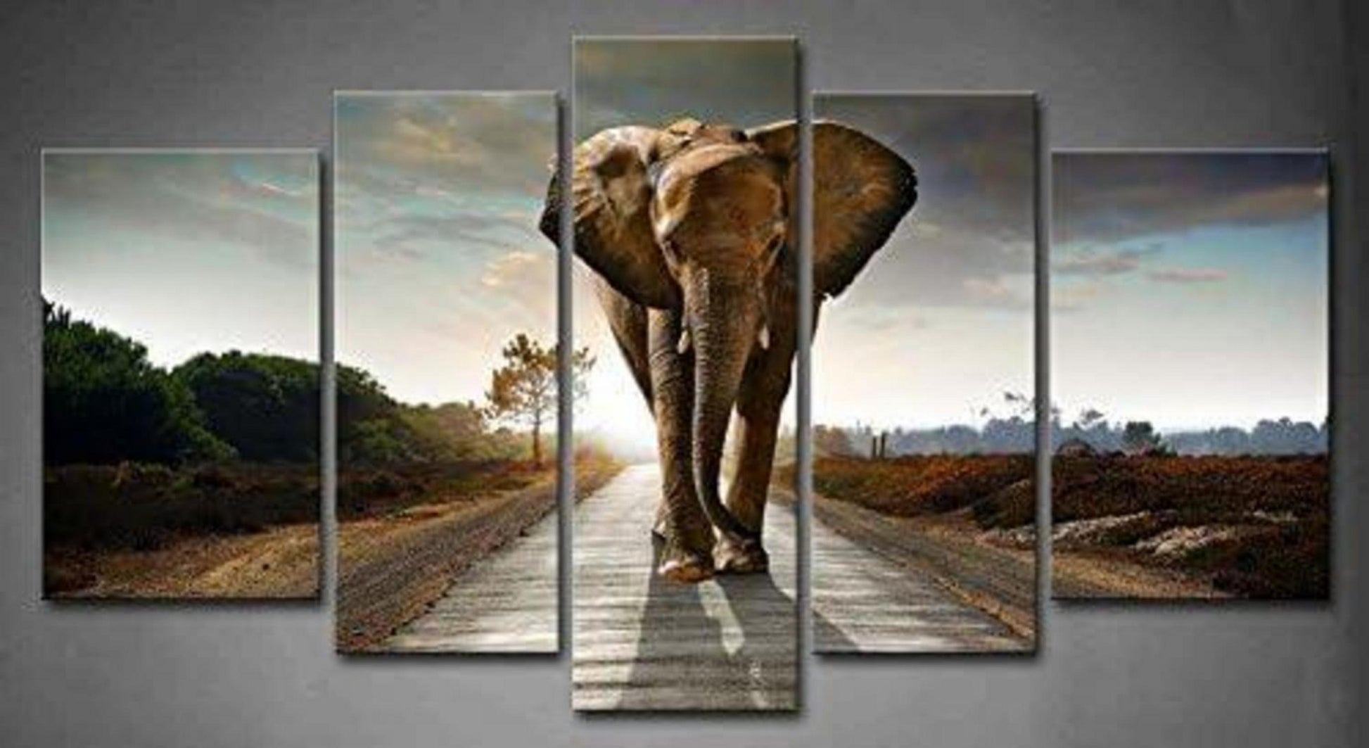 Elefant Sonne Straße Wandkunst Leinwand Gemälde Set