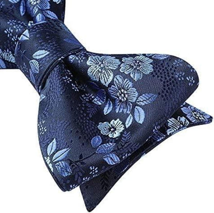 Herren Fliege und Einstecktuch Set Blumen Jacquard Hochzeit Feier Blau