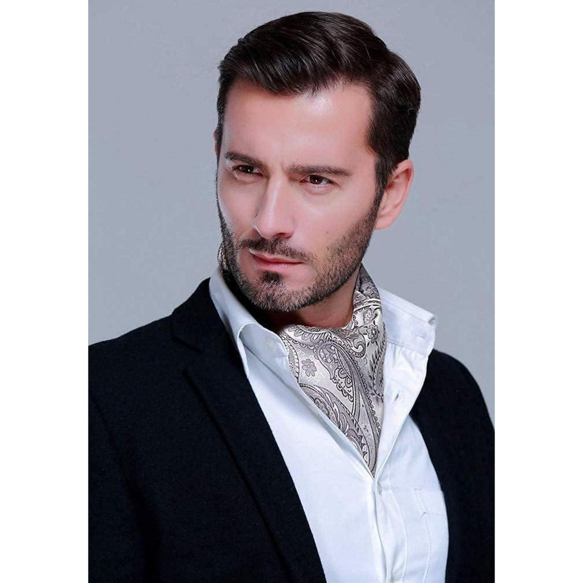 Herren Ascot Krawattenschal Set Paisley Grau Silber