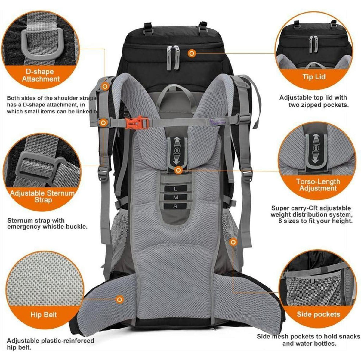 70L Trekkingrucksack mit Regenschutz und vielen Befestigungsmöglichkeiten
