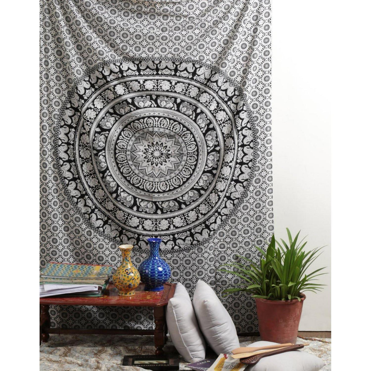 Wandteppich Mandala Schwarz Weiß Baumwolle 213x137 cm Boho