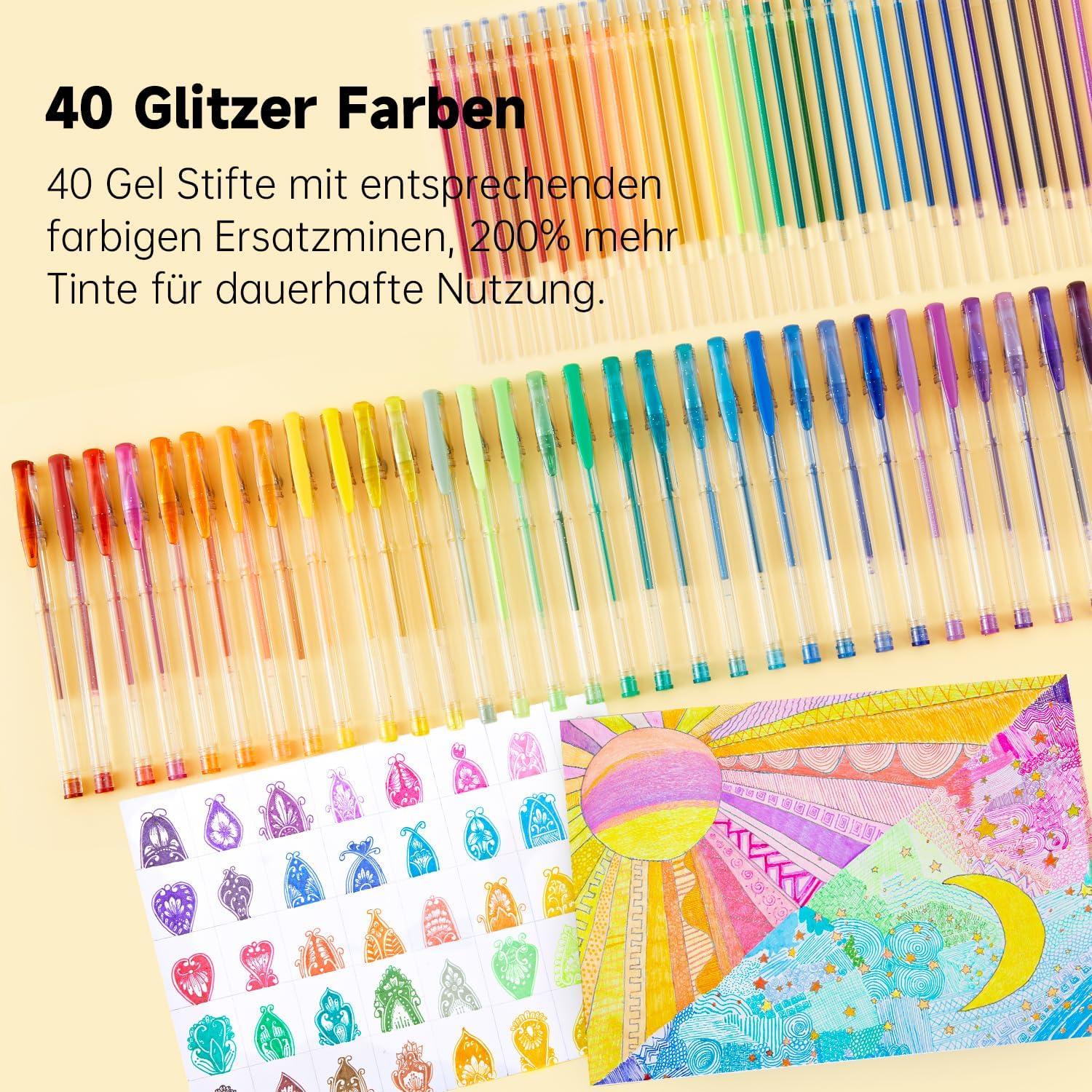 80er Glitzer Gelstifte Set in 40 Farben mit Ersatzminen