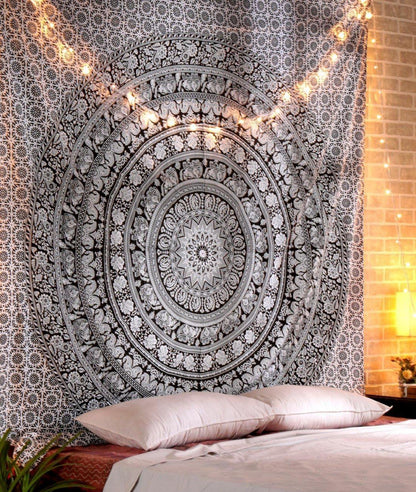 Schwarz-Weiß Mandala Elefant Tapisserie 230x213 cm