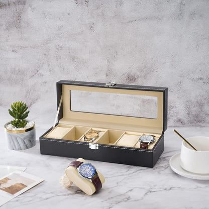 Uhrenbox für 6 Uhren mit Glasdeckel in Lederoptik Schwarz