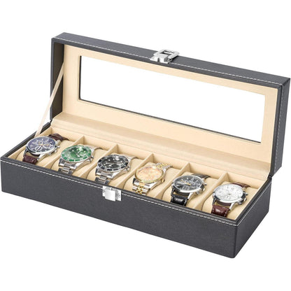 Uhrenbox für 6 Uhren mit Glasdeckel in Lederoptik Schwarz