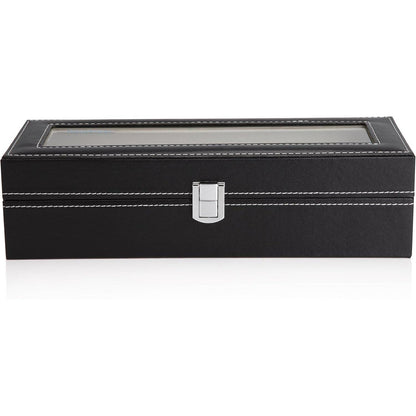 Uhrenbox für 6 Uhren mit Glasdeckel in Lederoptik Schwarz