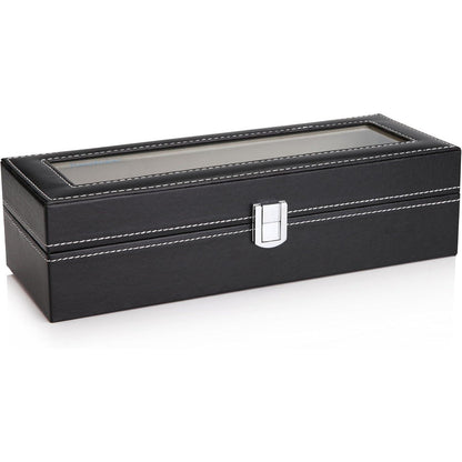 Uhrenbox für 6 Uhren mit Glasdeckel in Lederoptik Schwarz