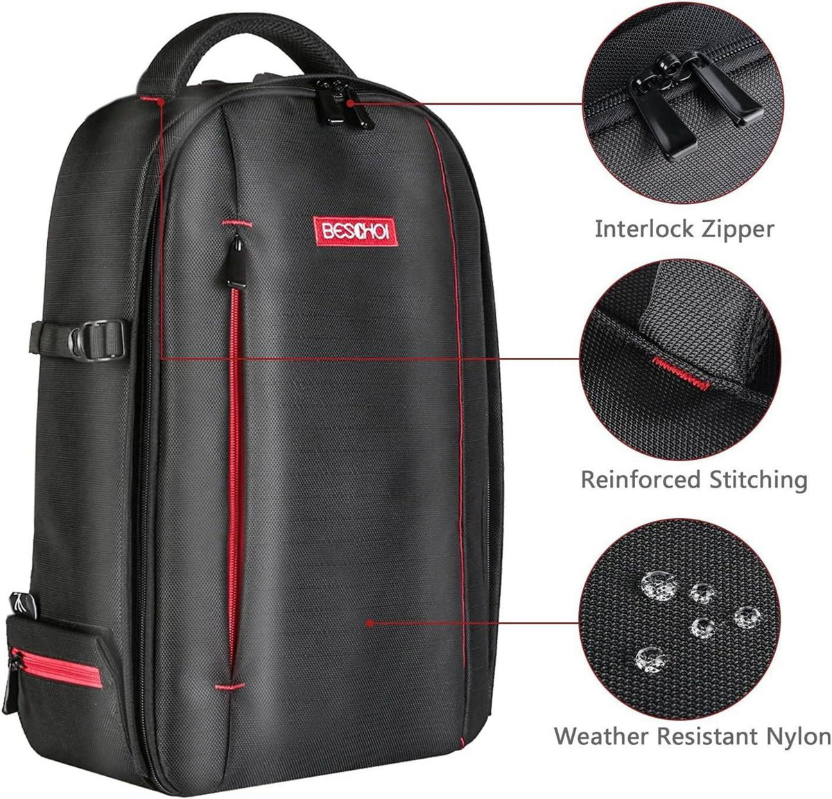 Beschoi Fotorucksack wasserdicht Kamerarucksack groß mit Laptopfach schwarz