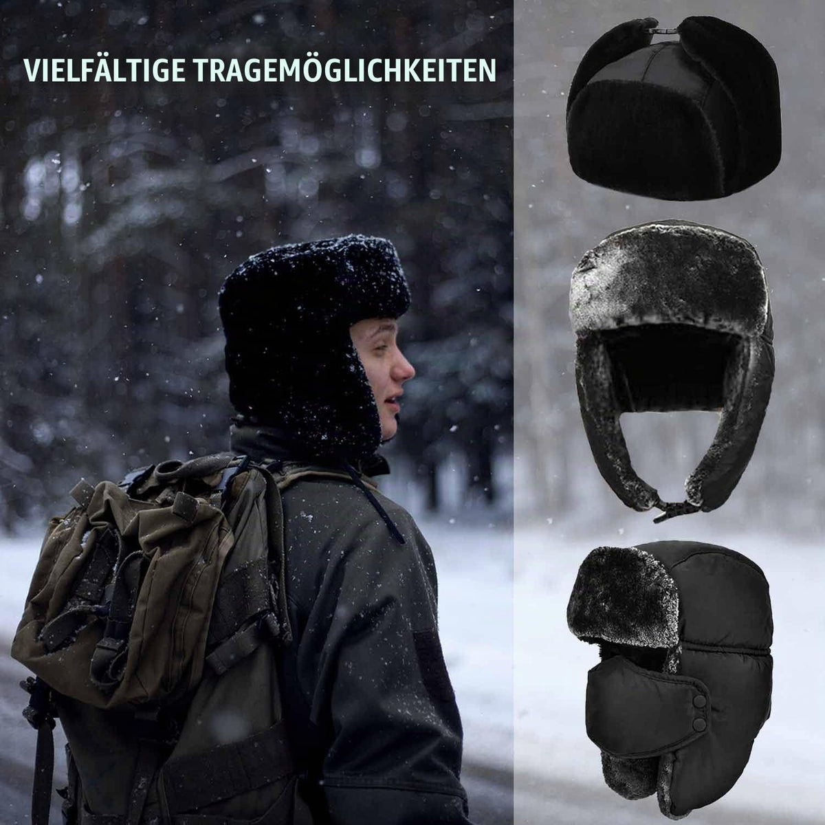 Winter Trapperhut mit Ohrenklappen Grau, Schwarzfell