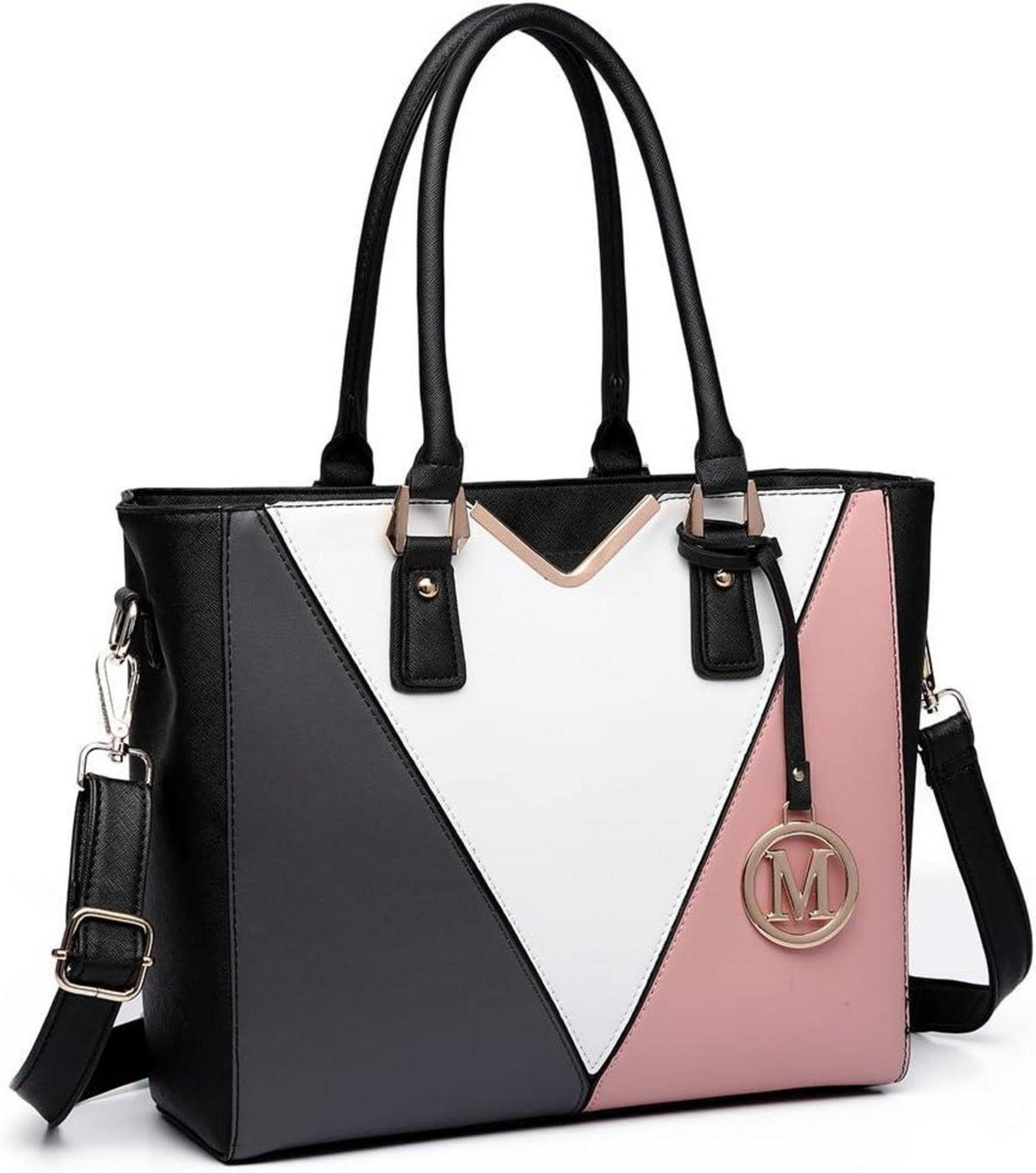 Miss Lulu Damen Handtasche Schultertasche V-Design Ledertasche M Nude