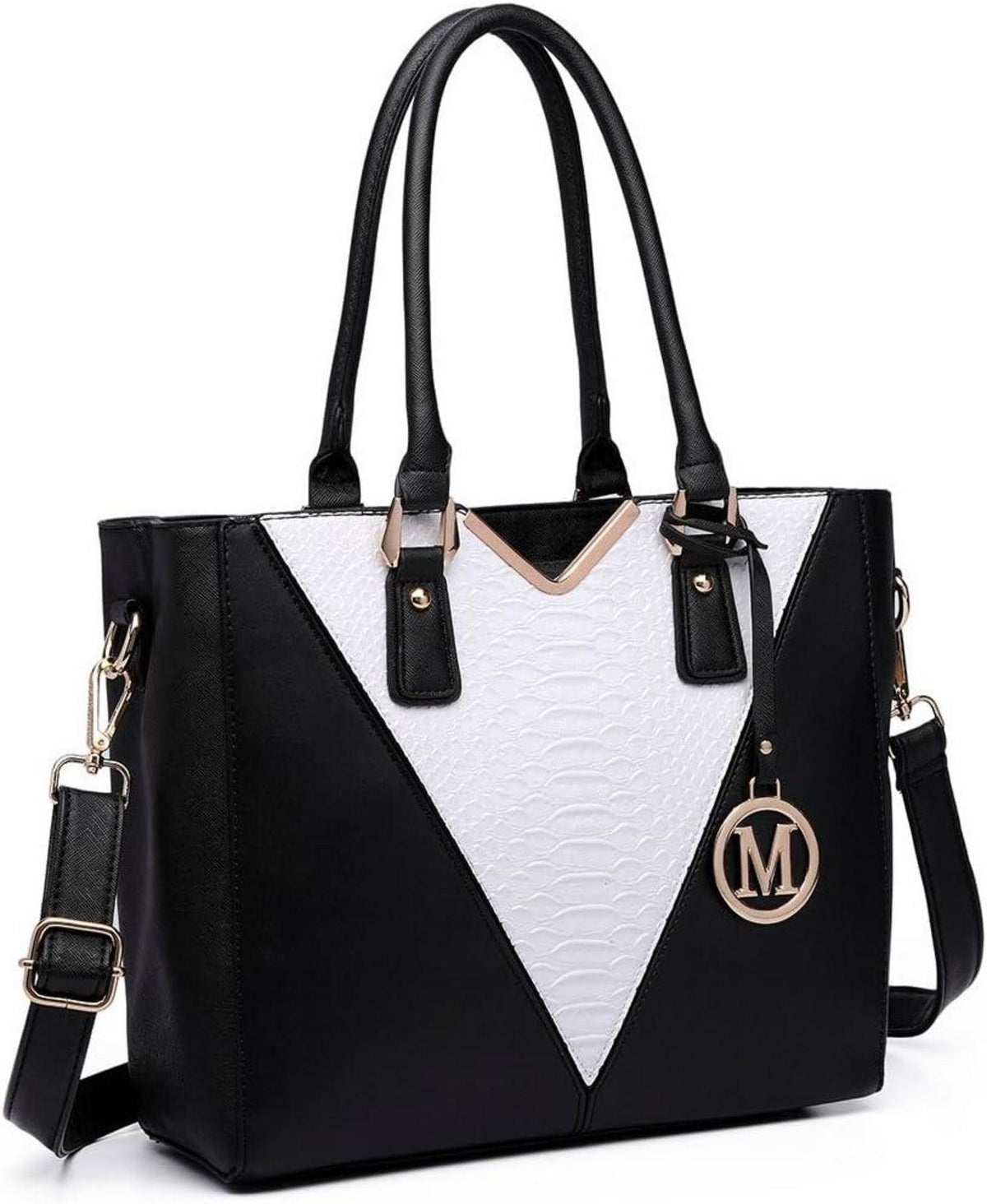 Handtasche Damen V-förmiges Design Schwarz Synthetic Ledertasche