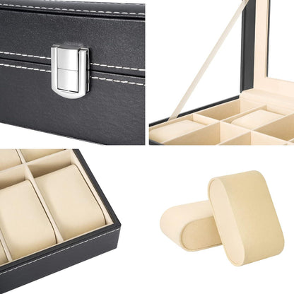 Uhrenbox für 12 Uhren mit Glasdeckel und Samtfütterung, schwarz PU-Leder