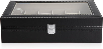 Uhrenbox für 12 Uhren mit Glasdeckel Samtfutter schwarz PU-Leder