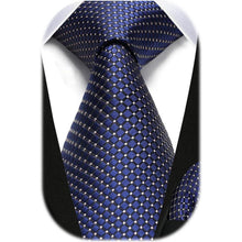 Navy Blue Check Plaid Extra Long Tie and Handkerchief Set